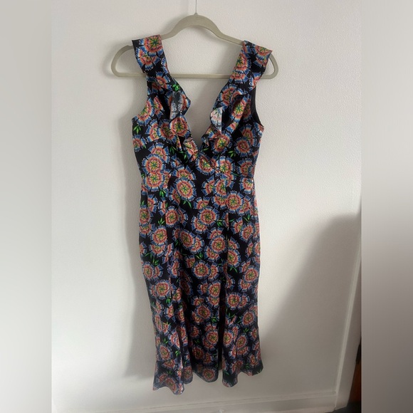 NWOT Saloni HOLLY RUFFLED FLORAL-PRINT SILK MIDI DRESS IN 1676-EBONY DRAGON, 8 - Picture 5 of 7